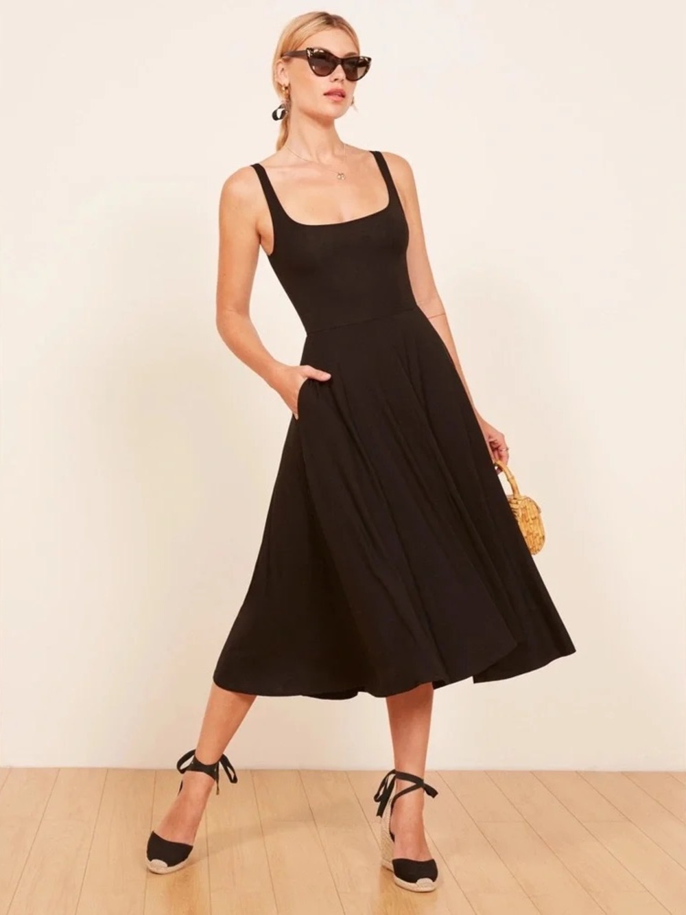 Reformation Rou Dress Black Midi Scoop Neck Sleeveless Tank Jersey Size M